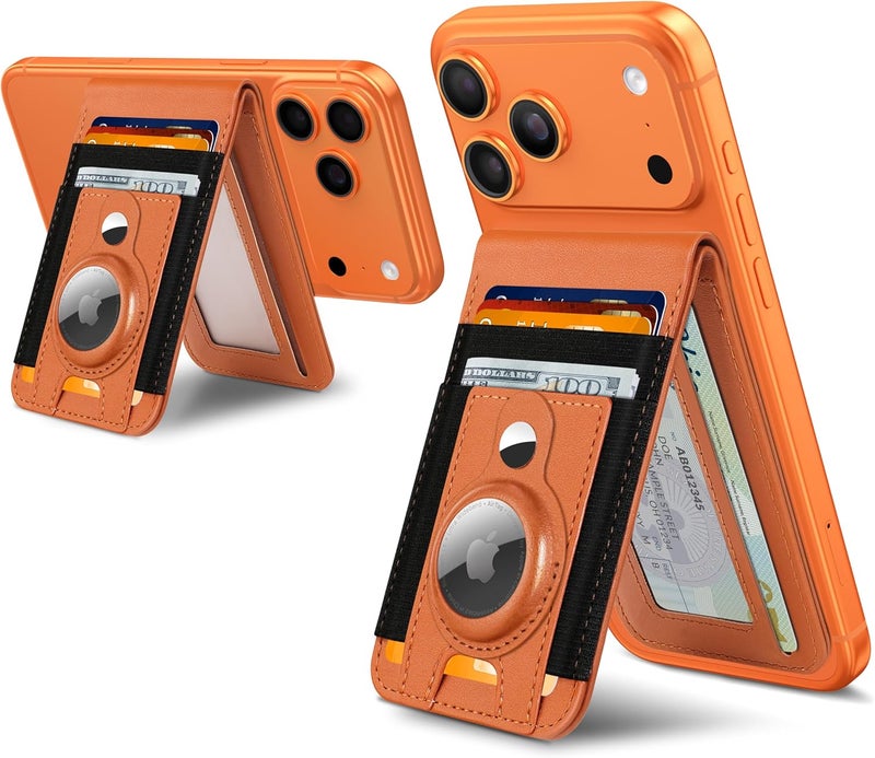 ExtreLife For Magsafe Wallet Stand with Airtag Holder, Strongest Magnetic Wallet for iPhone 17/16/15/14/13/12 Series, ID Window, 4 Card Slots, 10 Cards Holder, Vegan Leather, RFID Blocking, Orange - Image 1